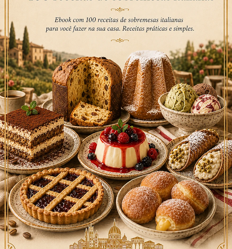 Mesa com tiramisù, panna cotta, cannoli, gelato e outras sobremesas italianas